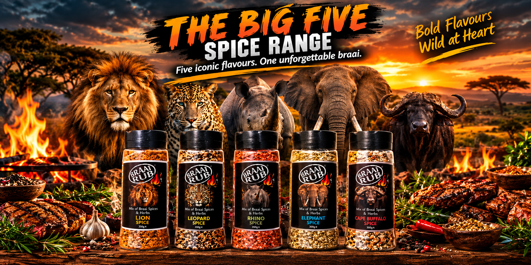 Braai Rub Big Five Spice Range featuring Lion, Leopard, Rhino, Elephant and Cape Buffalo spices